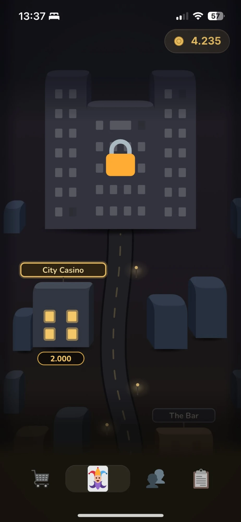The city map: The Bar at the bottom, City Casino unlocked above it, a locked venue further up the road.