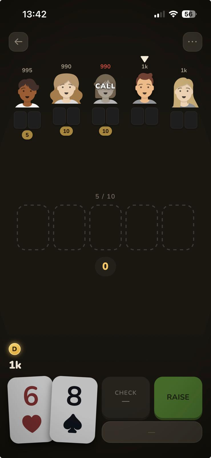 A hand in progress: five opponents, hole cards 6 of hearts and 8 of spades, check and raise buttons.