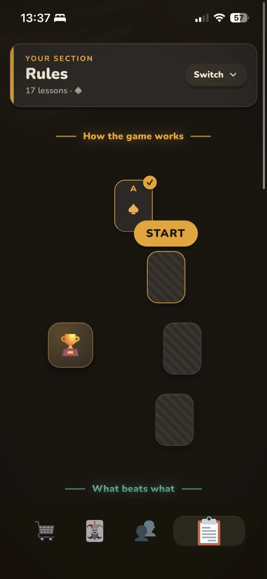 The Rules section of the academy: a path of lessons with a start button and locked cards ahead.