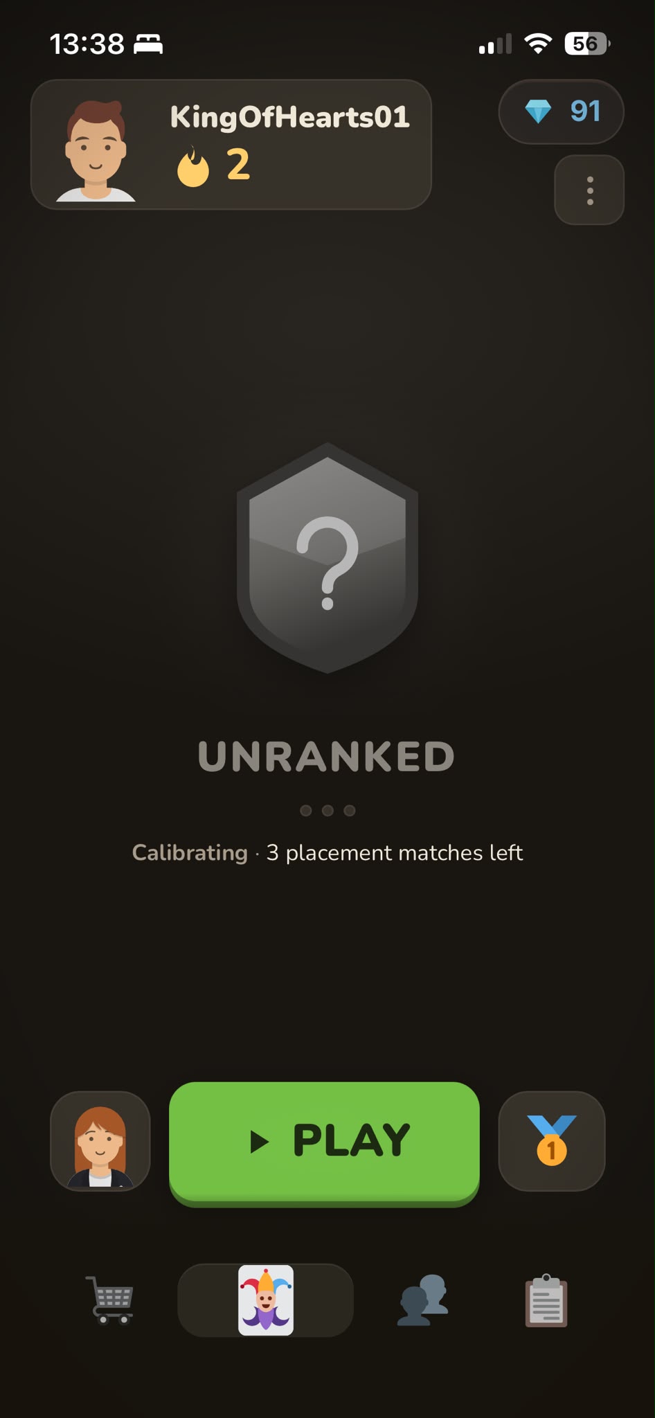Ranked screen: an unranked emblem, calibrating with three placement matches left, and a green play button.