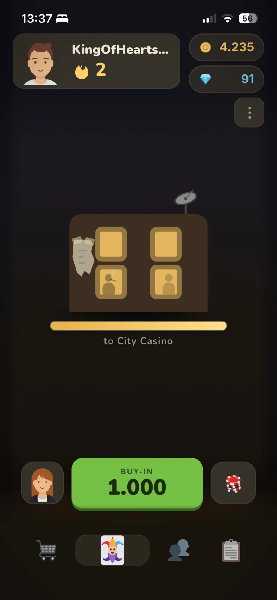 The Bar with a progress bar towards City Casino and a green buy-in button for 1,000.